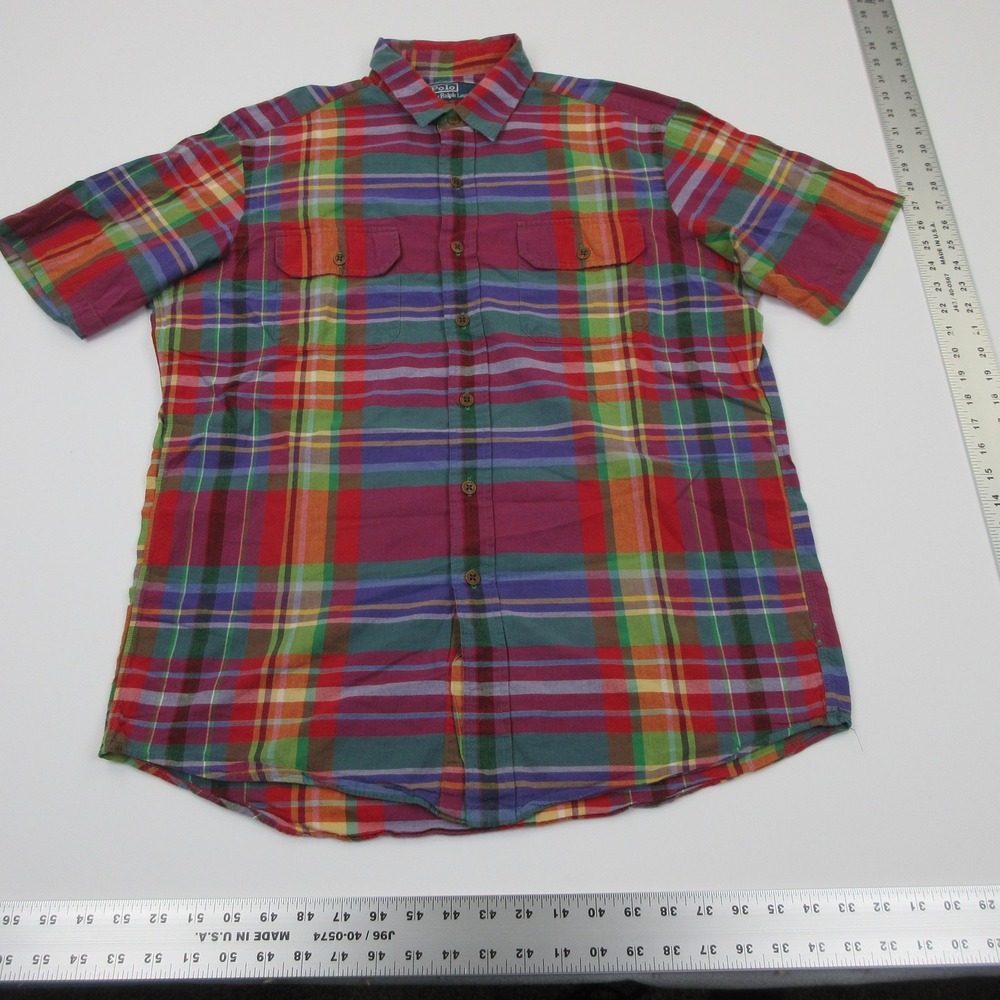 Vintage Polo Ralph Lauren Shirt Mens L Red Blue Plaid Short Sleeve Button Front